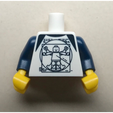 white torso shirt with dark blue shoulders and vitruvian minifigure pattern bam dark blue arms yellow hands