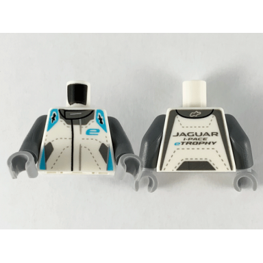 white torso speed champions jumpsuit medium azure shoulders e and dark bluish gray collar pattern dark bluish gray arms light bluish gray hands