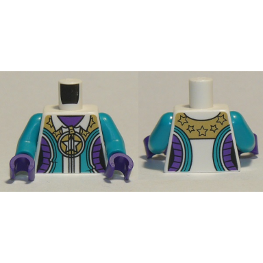 white torso female jacket with gold zipper stars dark turquoise and dark purple stripes pattern dark turquoise arms dark purple hands