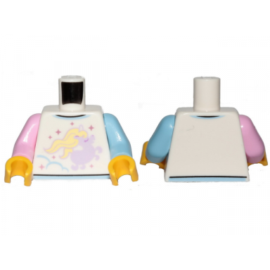 white torso shirt lavender unicorn pattern bright light blue arm left bright pink arm right yellow hands