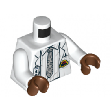 white torso lab coat with striped shirt tie id badge and jurassic park logo pattern white arms reddish brown hands