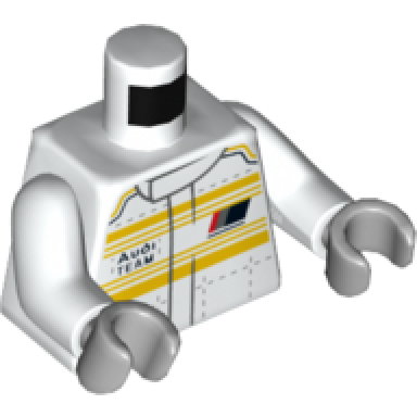 white torso racing suit with horizontal yellow stripes and audi team on front and back pattern white arms light bluish gray hands