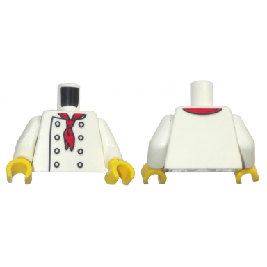 white torso chef with 8 buttons long red neckerchief no wrinkles pattern white arms yellow hands