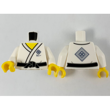 white torso gi with dark bluish gray diamond on lapel and back black belt pattern white arms yellow hands