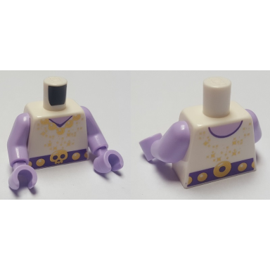 white torso trolls tunic with gold stars necklace and skull belt buckle pattern lavender arms lavender hands