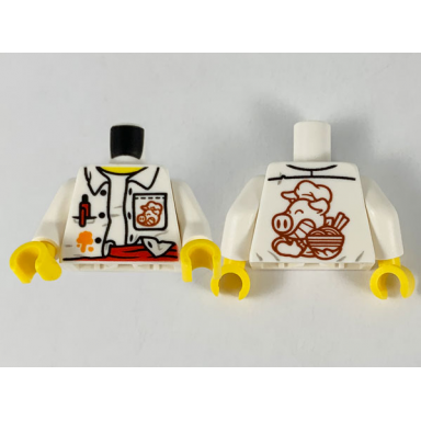 white torso unbuttoned shirt red pen and sash orange splotch pigsy logo on pocket and back pattern white arms yellow hands