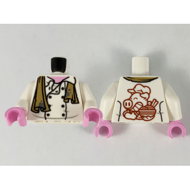 white torso chef jacket dark tan dirty towel with dark bluish gray splotches dark red pigsy logo on back pattern white arms bright pink hands