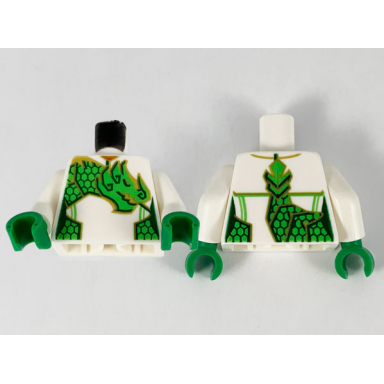 white torso female jumpsuit bright green dragon with gold outline pattern white arms green hands