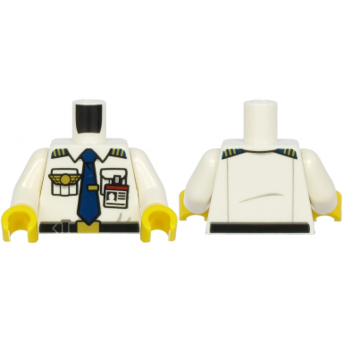 white torso shirt with dark blue tie with clip epaulettes gold logo pin black belt and red and white id badge pattern white arms yellow hands