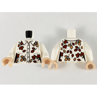 white torso female button up shirt tan and reddish brown leaves pattern white arms light nougat hands