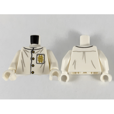 white torso button up shirt gold buttons and gold pattern on left side pocket pattern white arms white hands