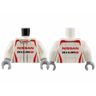 white torso speed champions jumpsuit with red and light bluish gray trim red nissan and black nismo pattern white arms light bluish gray hands