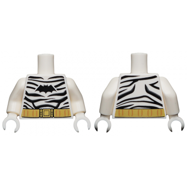 white torso batman costume zebra with black stripes gold belt and black logo pattern white arms white hands