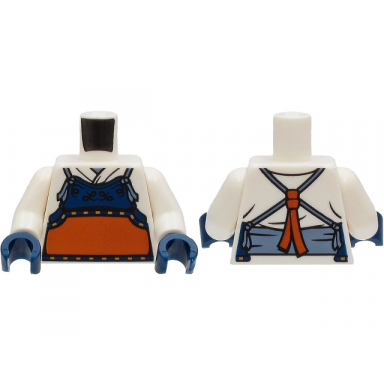 white torso robe with dark blue and dark orange bogu armor sand blue straps and belt pattern white arms dark blue hands