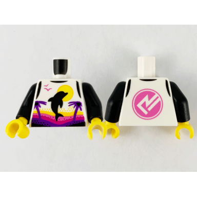 white torso female wetsuit with yellow sun black dolphin dark purple palm trees dark pink logo on back pattern black arms yellow hands