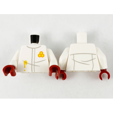 white torso jumpsuit light bluish gray double line and wrinkles orange and yellow honeycomb logo and honey splotch pattern white arms dark red hands