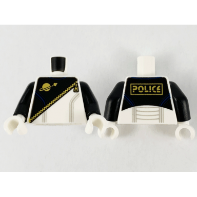 white torso space futuron black pattern gold zipper and classic logo police on back black arms white hands