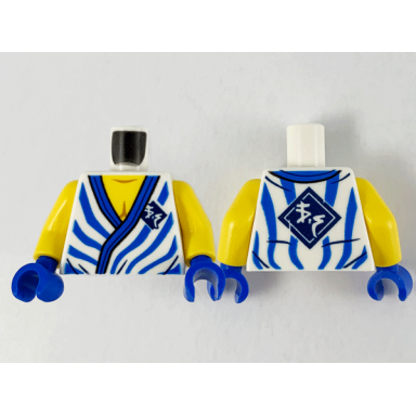 white torso tunic yellow chest blue hem stripes and ninjago logogram vs in dark blue diamond pattern yellow arms blue hands