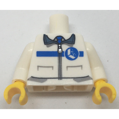 white torso zipper jacket with blue lego life logo and tie pattern white arms yellow hands