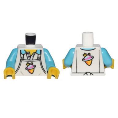 white torso apron with ice planet ice cream shop logo over collared shirt pattern medium azure arms yellow hands