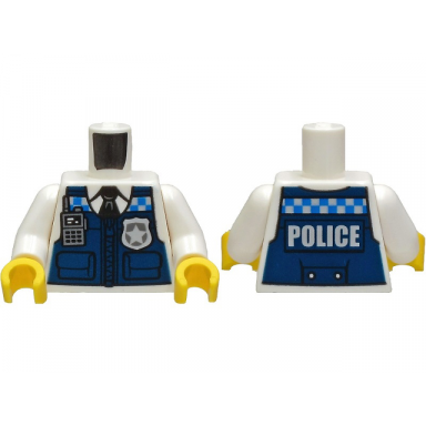 white torso dark blue vest over shirt and black tie blue and silver checkered stripe radio badge and police pattern white arms yellow hands