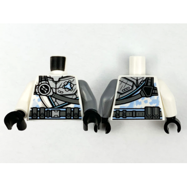 white torso armor silver with ninjago logogram letter z dark bluish gray strap and utility belt pattern flat silver arm left white arm right black hands