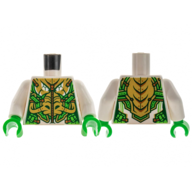 white torso female armor bright green with gold highlights and dragon face pattern white arms bright green hands