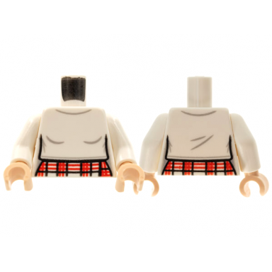 white torso female top with plaid skirt pattern white arms light nougat hands