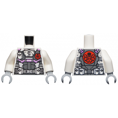 white torso camouflage with dark bluish gray jacket with belt and pockets and red hydra logo pattern white arms light bluish gray hands
