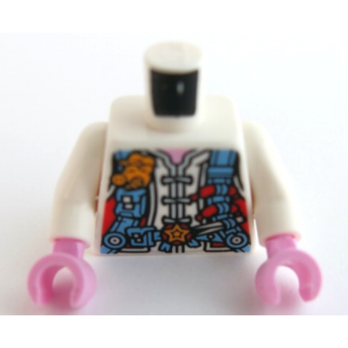 white torso chefs jacket with medium blue utility belt with star and harness with sausages and pig heads pattern white arms bright pink hands