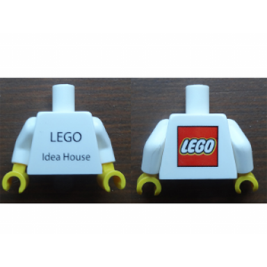 white torso lego idea house front and lego logo on back pattern white arms yellow hands
