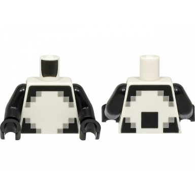 white torso pixelated light bluish gray and black stripes and corners large square on back pattern black arms black hands
