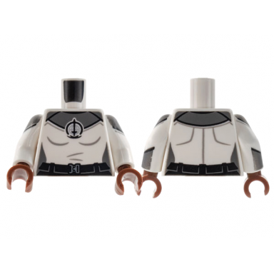 white torso female dark bluish gray shoulders sword logo pattern white arms with dark bluish gray shoulder and cuff pattern reddish brown hands