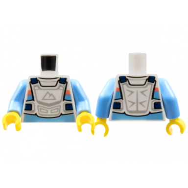 white torso racing suit bright light blue and coral stripes white chest protector sport mountains logo pattern medium blue arms yellow hands