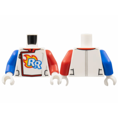 white torso racing suit zipper rr logo flames pattern red arm left blue arm right white hands