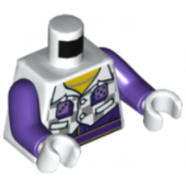white torso jacket pockets dice light bluish gray checkered pattern dark purple arms white hands