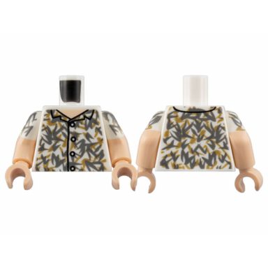 white torso shirt light nougat neck buttons dark bluish gray and tark tan floral pattern light nougat arms with white short sleeves floral pattern light nougat hands