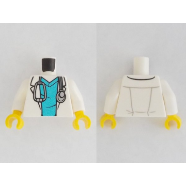 white torso hospital lab coat over medium azure scrubs silver stethoscope pattern white arms yellow hands