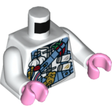 white torso chef jacket with medium blue utility belts chili peppers garlic salt and pepper gold pig buckle pattern white arms bright pink hands