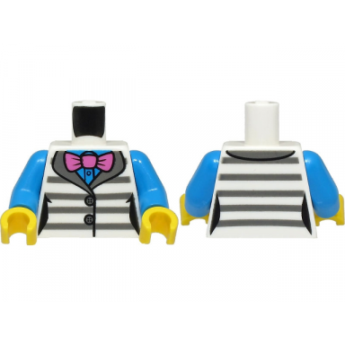 white torso female jacket with dark bluish gray prison stripes over dark azure shirt dark pink bow tie pattern dark azure arms yellow hands