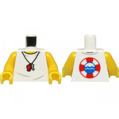 white torso shirt with necklace with red whistle and silver key life preserver on back pattern yellow arms yellow hands