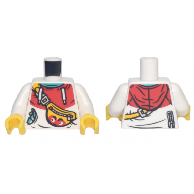 white torso hoodie with red hood white drawstrings yellow pouch with strap zipper and red face pattern white arms yellow hands