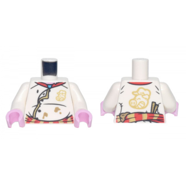 white torso chef jacket with red and gold striped belt dark tan splotches and pigsy logo pattern white arms bright pink hands