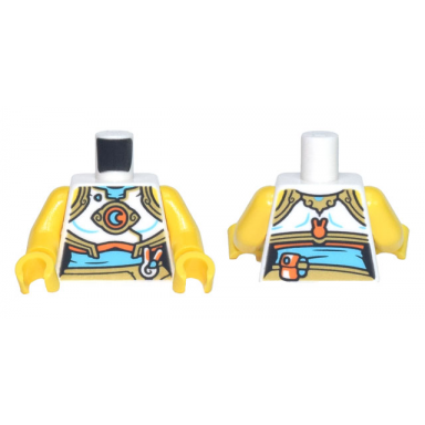white torso female crop top with gold trim medium azure and orange crescent moon symbol bunny head and pouch pattern yellow arms yellow hands