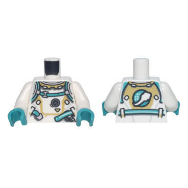 white torso spacesuit dark turquoise straps and belt planet with white cloud symbol pattern white arms dark turquoise hands