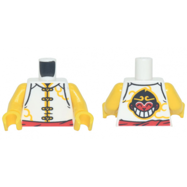 white torso vest with yellow clasps red belt and monkie head logo on back pattern yellow arms yellow hands