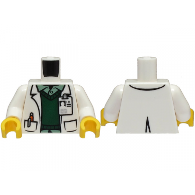 white torso lab coat with id badge and orange pen in pocket over dark green vest and sand green shirt pattern white arms yellow hands