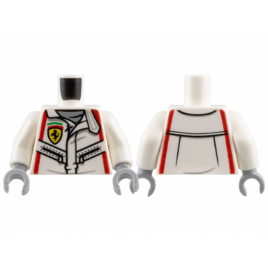 white torso racing suit with ferrari logo black zippers red stripes pattern white arms light bluish gray hands