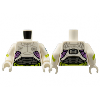 white torso armor light bluish gray star command logo medium lavender and lime trim pattern white arms with badge and lime stripe pattern white hands