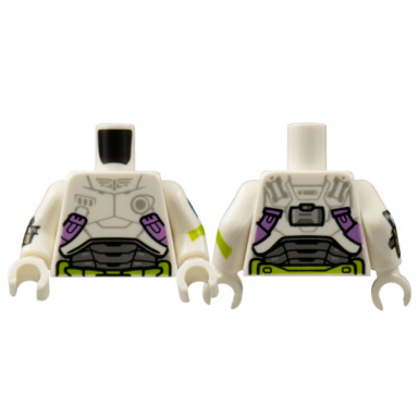 white torso armor light bluish gray star command logo medium lavender and lime trim pattern white arms with badge cuff weapon lime stripe pattern white hands